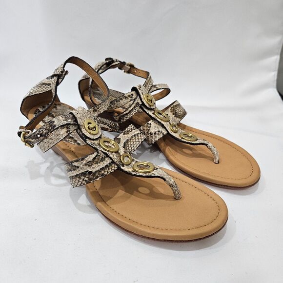 Coach Womens Snakeskin Wedge Sandals Size 7.5B Tan Gray Strappy Boho Gladiator - Picture 1 of 14